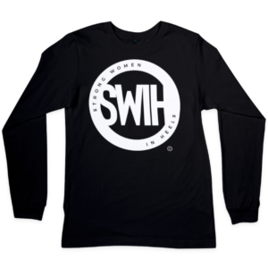 black long-sleeve t-shirt with round white SWIH logo