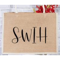 Burlap bag with cursive SWIH print