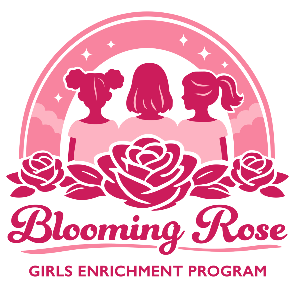 Logo for "Blooming Rose Girls Enrichment Program" in pink, featuring silhouettes of three girls under an arch of stars and roses, symbolizing growth and empowerment.
