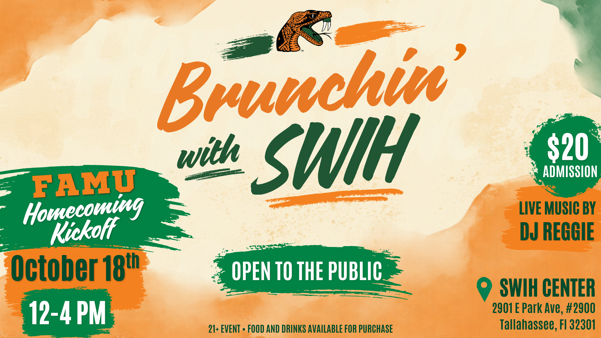 Retro green-and-orange flyer for “Brunchin with SWIH,” a lively homecoming kickoff on Oct. 18, 12–4 PM; open to the public, $20 admission.
