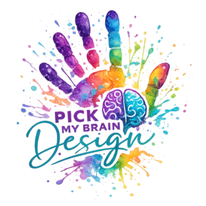 Logo for Pick My Brain Design featuring a colorful hand with paint spaltter